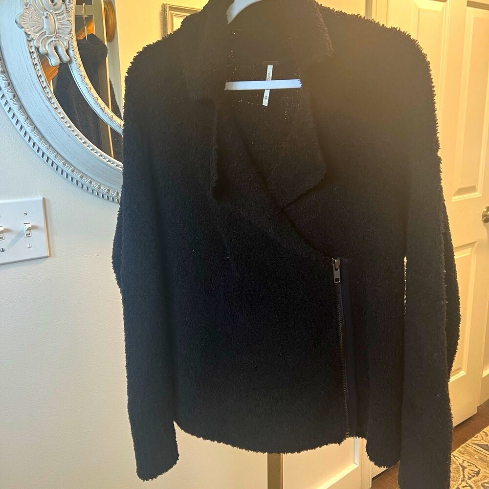 Free People Black Wool Blend Teddy Moto Jacket Women M Asymmetrical Zip Fuzzy